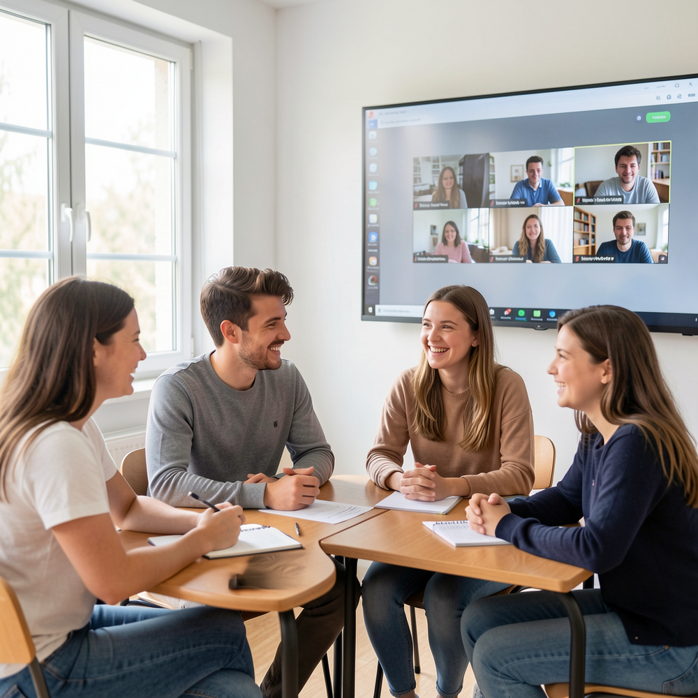 Lernende-miteinander-sprechende-Gruppe-gute-Laune-Unterrichtsraum-mit-Fenster-und-Bildschirm-mit-Onlinemeeting